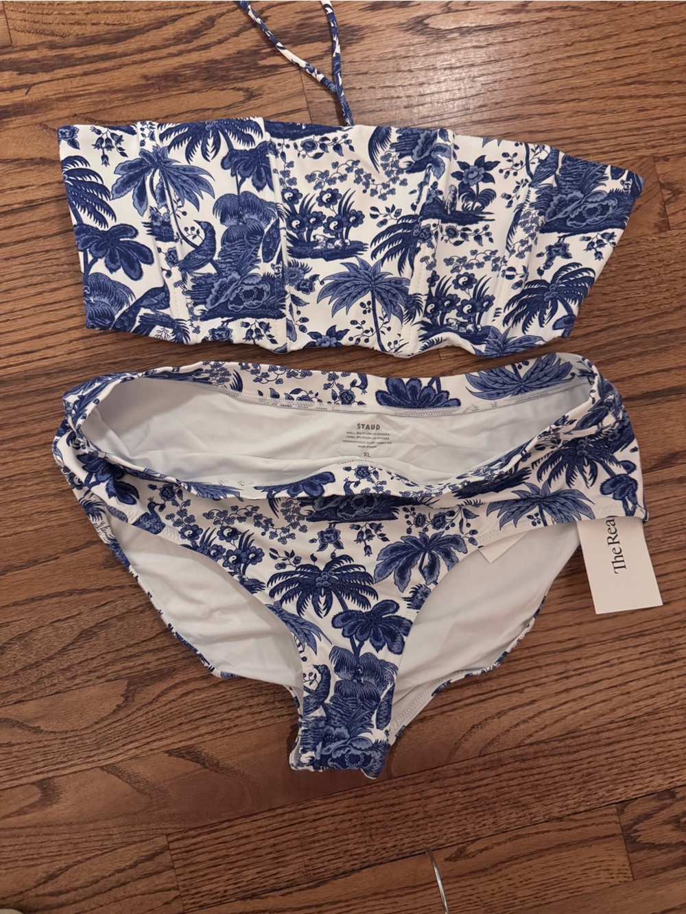 STAUD Blue and White Tropical Print Bandeau Bikini